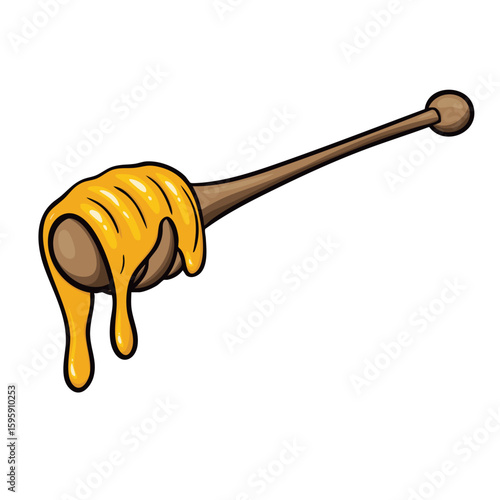 Honey wooden spoon with drop. Hand drawn illustration. Colored line style. Organic natural product.