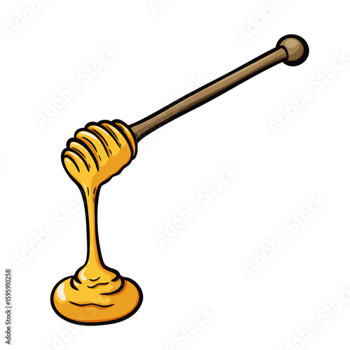 Honey wooden spoon with drop. Hand drawn illustration. Colored line style. Organic natural product.