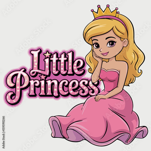 Cute little princess cartoon character with crown and pink dress vector illustration design for kids party 100