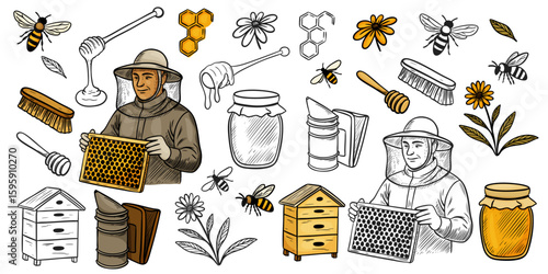 Collection of hand-drawn beekeeping and honey illustrations. Includes bees, beekeepers, honey jars, hives, honeycombs, flowers, and beekeeping tools in both colored and black-and-white versions.