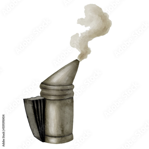 Beekeeper's smoker emitting smoke against a white backdrop