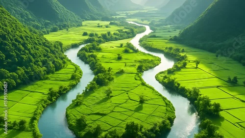 Aerial View of Lush Green Valley with Winding River and Mountains in Vibrant Summer Countryside Landscape