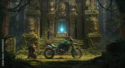 Adventurous Explorer at Ancient Temple with Green Motorcycle in Lush Jungle Setting