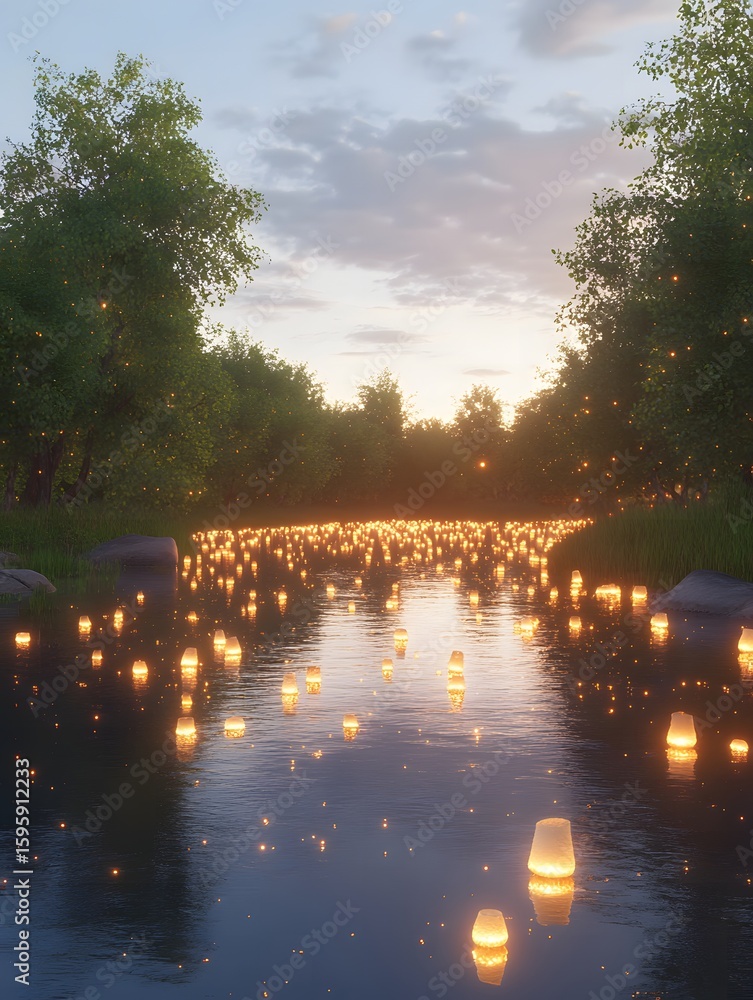 Obraz premium Serene River Sunset Floating Lanterns Peaceful Evening Nature Scene Tranquil Water Landscape Calm
