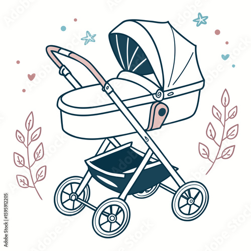 Illustration of a vintage baby carriage with decorative leaves stars and hearts on a white background