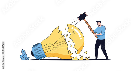 Man smashing a broken incandescent light bulb with a sledgehammer concept for destructive innovation or the end of old ideas and technologies