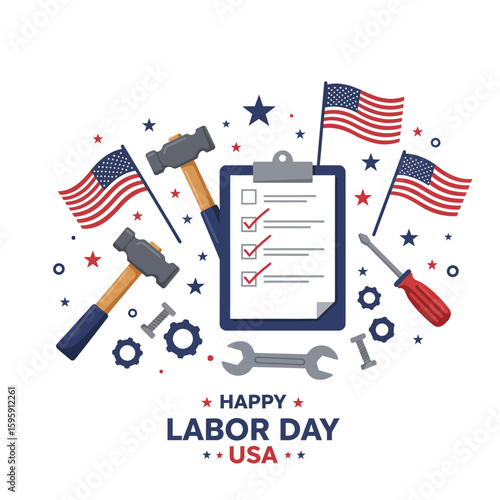 Labor Day. Vector Background with Tools and American Flags
