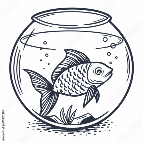 Illustration of a goldfish inside a fishbowl with bubbles and plants in a black and white outline drawing
