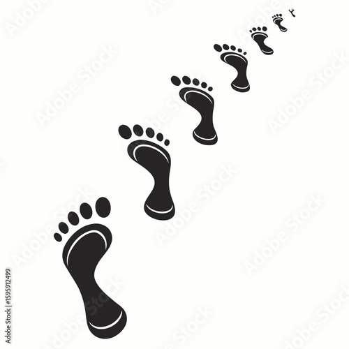 Black footprints receding into the distance on a white background creating a sense of movement and journey