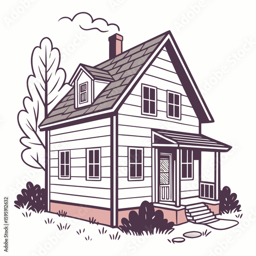 Illustration of a two story house with a porch, tree, and bushes in a yard with a chimney and smoke stack