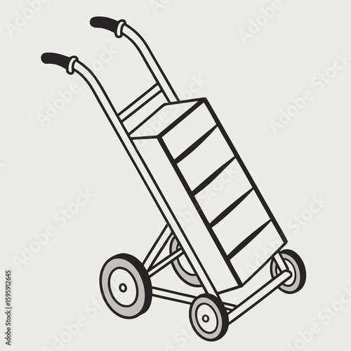A hand truck carrying a stack of boxes with black handles and wheels on a light background illustration