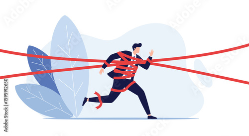 Businessman entangled in red ropes hindering movement and progress through obstacles and challenges