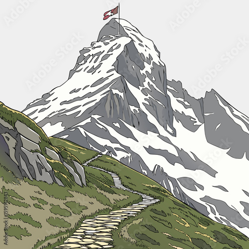 Illustration of a mountain peak with a flag on top and a stone path leading up the grassy hillside