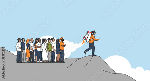 A person with a jetpack soars into the sky leaving a crowd of onlookers behind them on a hill
