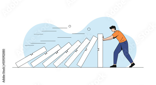 Man stopping a line of falling dominoes demonstrating impact of an individual's action in a chain reaction event