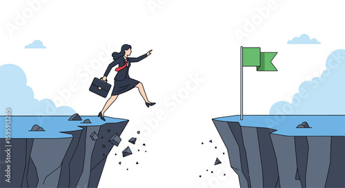Determined woman leaps across wide chasm towards green flag on distant cliff edge