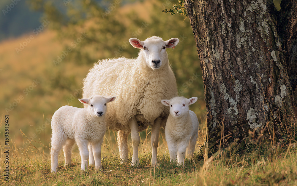 Fototapeta premium Mother Sheep and Two Lambs Under a Tree