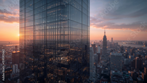 sunset in the city with glass building 
