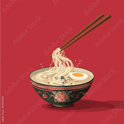 Delicious asian noodle soup bowl with chopsticks and egg vector illustration for food lovers art design