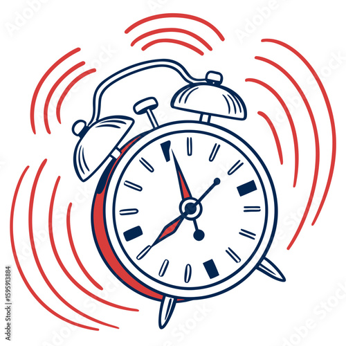 Illustration of a ringing alarm clock with roman numerals and visible sound waves around it design