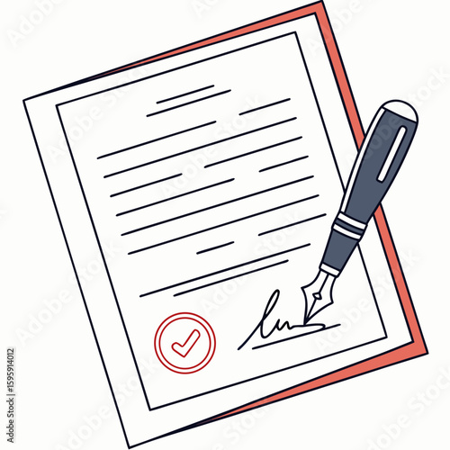 A document with lines of text and a check mark seal being signed with a fountain pen on a white background