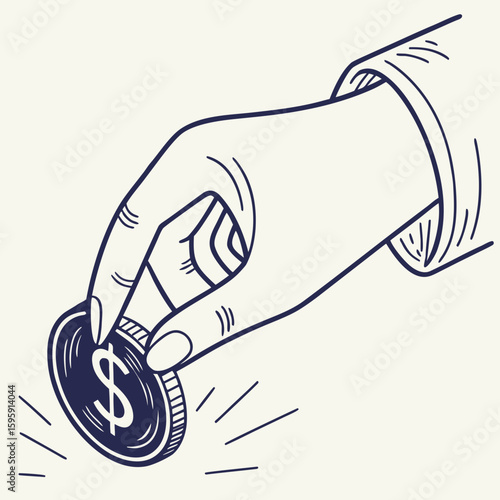 hand holding dollar coin, line art clip art preview