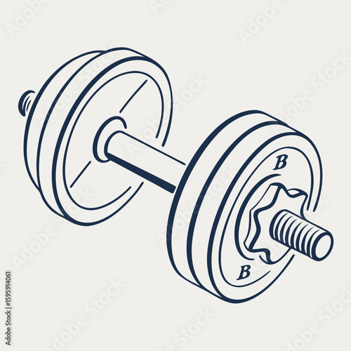Illustration of a dumbbell with plates on each side and a textured grip in a monochrome style