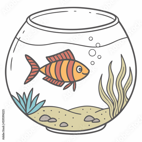 Illustration of a goldfish inside a fishbowl with bubbles and plants in a black and white outline drawing