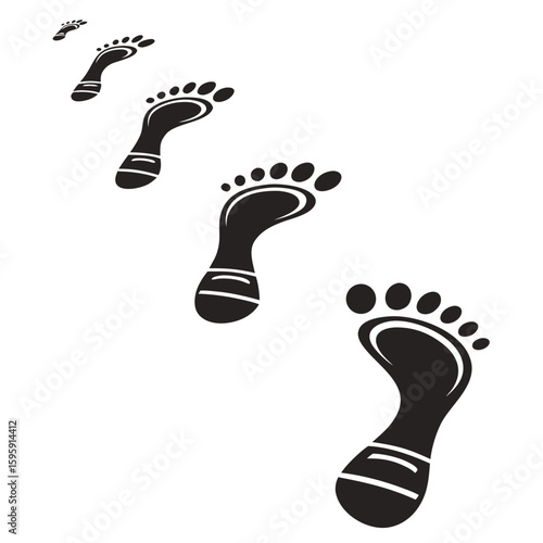 Black footprints receding into the distance on a white background creating a sense of movement and journey