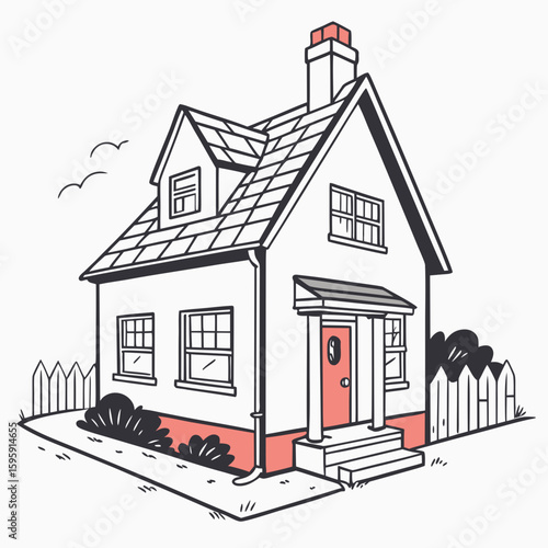 Illustration of a two story house with a porch, tree, and bushes in a yard with a chimney and smoke stack