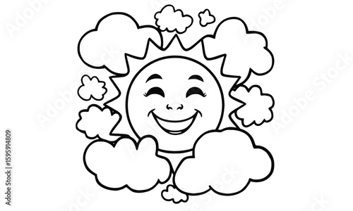 Smiling Sun: A charming and cheerful cartoon illustration features a smiling sun surrounded by fluffy clouds. A visual representation of warmth, happiness, and positivity.