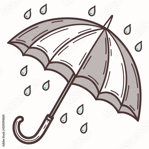 Illustration of a red and white umbrella surrounded by falling raindrops in a cartoon style image