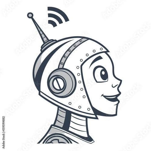 Illustration of a stylized female robot profile with antenna and helmet in black and white drawing style
