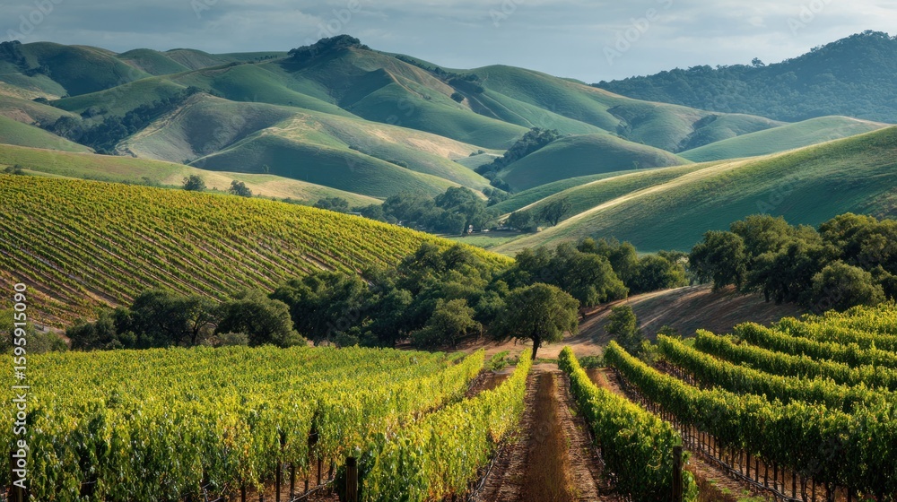 Fototapeta premium Rolling hills of vineyards under a cloudy sky