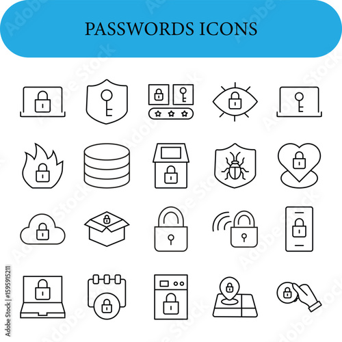 A set of 20 password-themed icons featuring a variety of security symbols, such as padlocks on shields, eyes, flames, databases, and mobile devices.