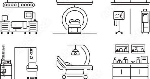 Medical Equipment Line Icons Seamless Pattern Including MRI Scanner Operating Table and Syringe Representing Healthcare Diagnostics and Treatment Ideal for Medical Backgrounds and Designs