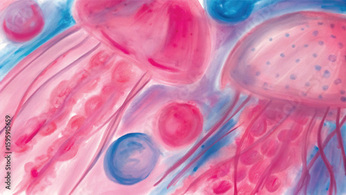 Abstract background with colorful swirling bubbles, smoke, and flowing light patterns in blue, pink, and purple hues