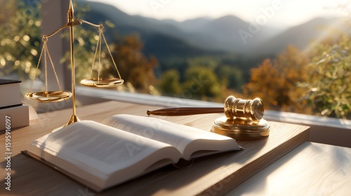 Golden Scales of Justice and Gavel on Wooden Desk in Nature Scene