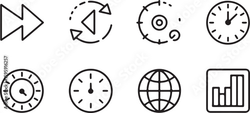 Set of four outline icons representing rotation time tracking global reach and process management suitable for web design infographics or presentations with a clean and