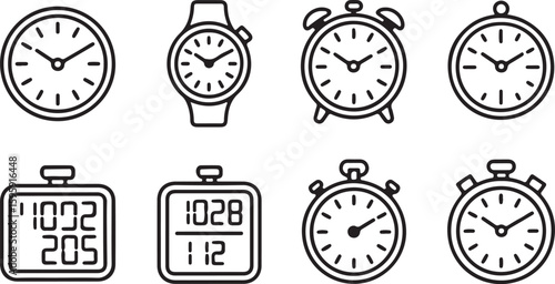 Collection of Clock Icons in Black and White Featuring a Wristwatch Alarm Clock Digital Timer and Stopwatch Perfect for Time Management and Punctuality Concepts