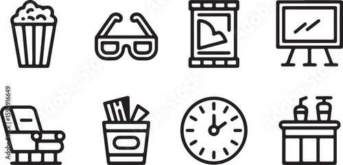 Set of Office and Leisure Icons in Outline Style Includes Glasses a Film Roll a Pen Holder and a Clock representing work relaxation and time