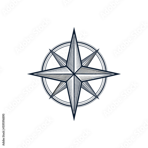Elegant Vintage Compass Rose, Nautical Navigation Symbol, Retro Wind Rose Design, Maritime Directional Star, eight pointed star, Adventure, Exploration, Travel, Map Element