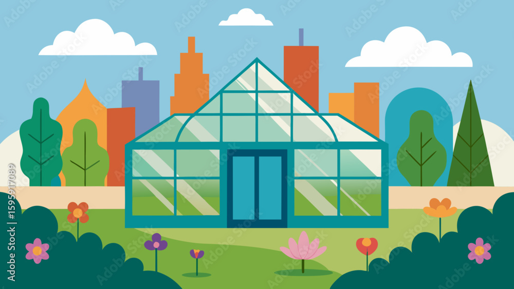Fototapeta premium Botanical Garden Near City with Glass Greenhouse
