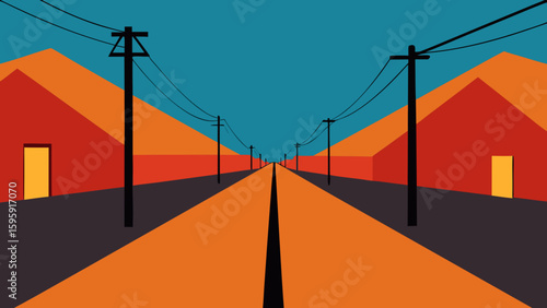 Angled View of Residential Street with Telephone Poles