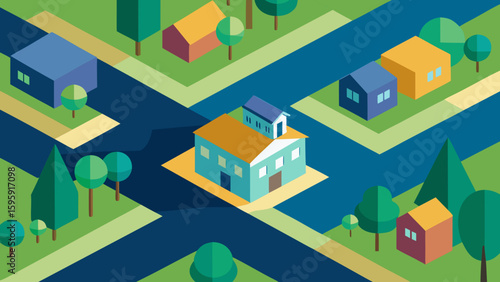 Birds Eye View of Suburban Block Surrounded by Trees