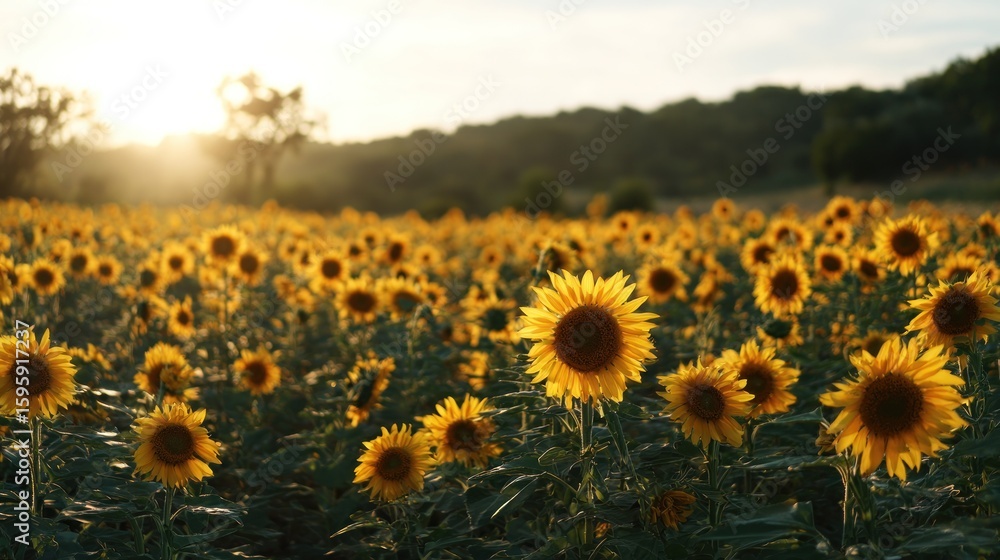 Obraz premium Sunflowers field at sunset