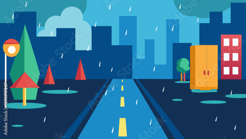 Rainy cartoon city street with puddles reflection art