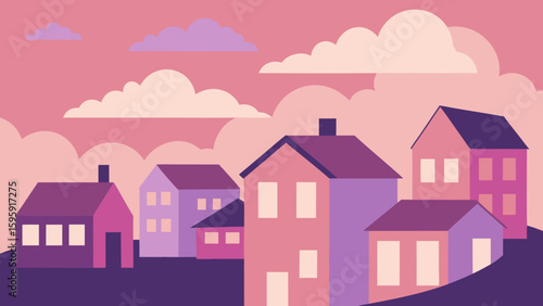 Pastel toned neighborhood under pink sky landscape