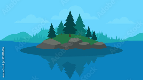 small rocky island center peaceful lake