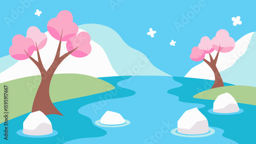 springtime lake blossoming trees white snow